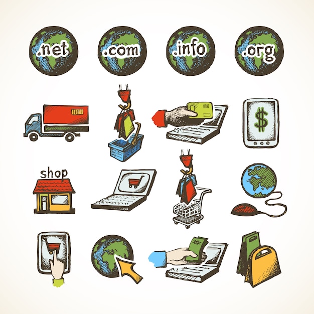 Business internet online winkelen pictogrammen set van e-commerce retail domains cart aankoop en wereldwijde levering schets vector illustratie
