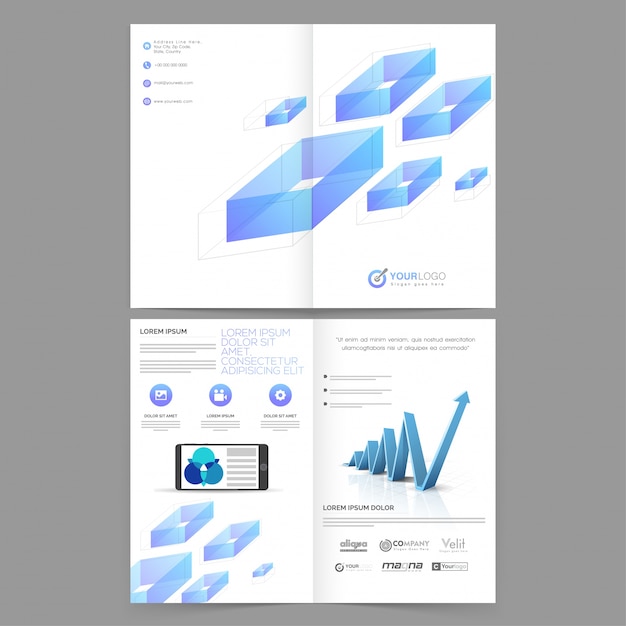 Business jaarverslag brochure, corporate template lay-out met blauwe abstracte geometrische elementen en infografische groei pijl.