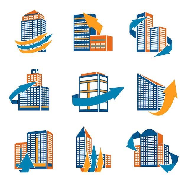 Business moderne stedelijke kantoorgebouwen met pijlen iconen geïsoleerde vector illustratie