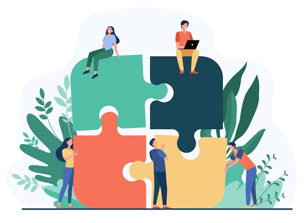 Business team samenstellen van puzzel geïsoleerde platte vectorillustratie. Cartoon partners werken in verband. Teamwork, partnerschap en samenwerkingsconcept