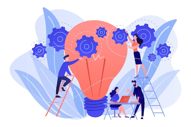 Business team versnellingen zetten op grote gloeilamp. Nieuw idee-engineering, bedrijfsmodelinnovatie en ontwerpdenkenconcept op witte achtergrond.
