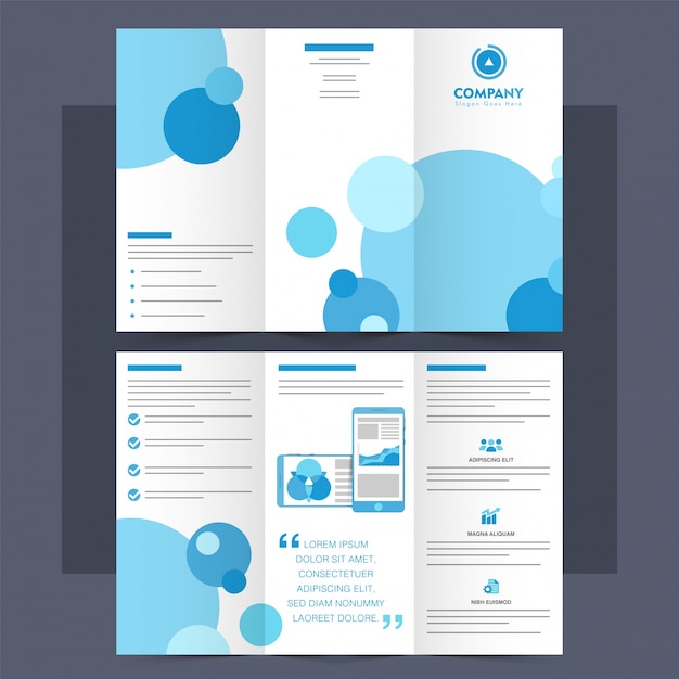 Business tri-fold brochure, leaflet met blauwe cirkels.