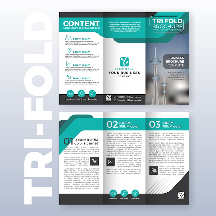 Gratis Vector business tri-fold brochure sjabloon ontwerp met turkoois kleurenschema in a4 formaat met bloeden