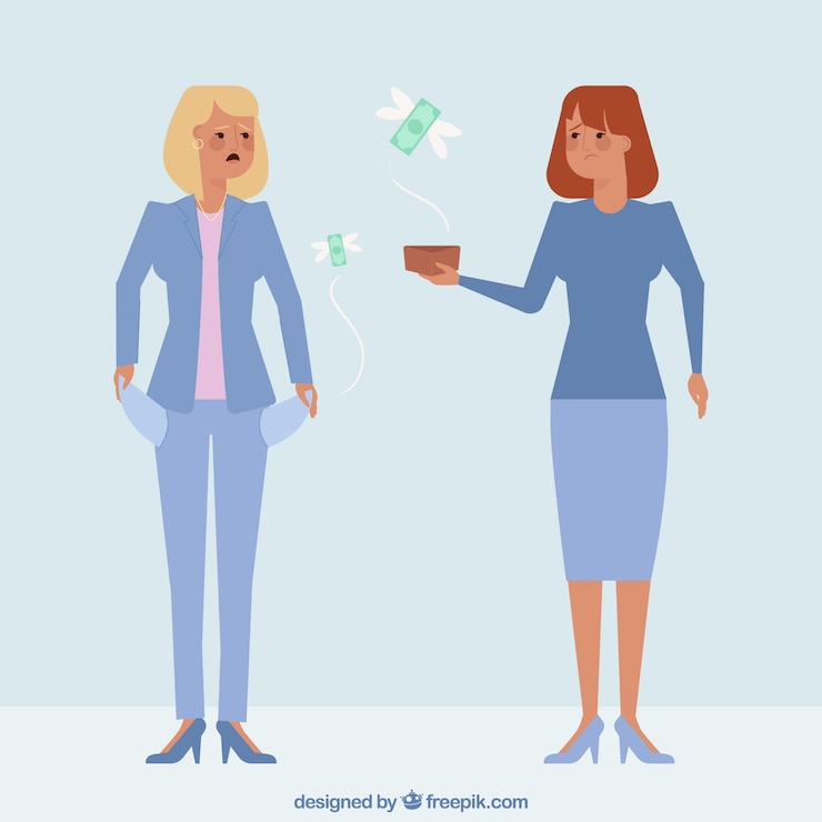 Gratis Vector busineswomen karakters en geld vliegen