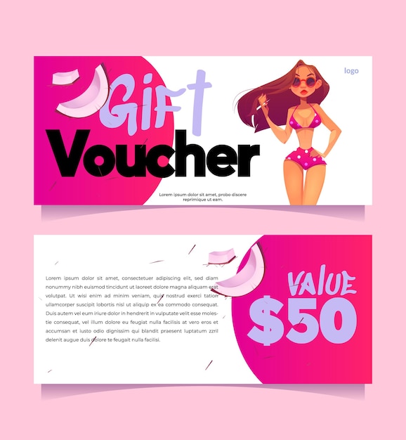 Cadeaubon sjabloon met mooi meisje in bikini en kokosnoot plakjes. vector coupon voor vakantie op tropische resort of beauty spa met cartoon vrouw in zwembroek. promo flyer met cadeautje