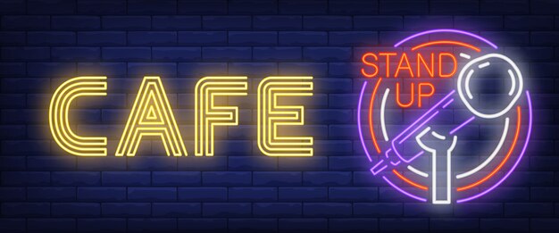 Cafe opstaan ​​neon teken. Gloeiende staafmicrofoon in cirkelframe