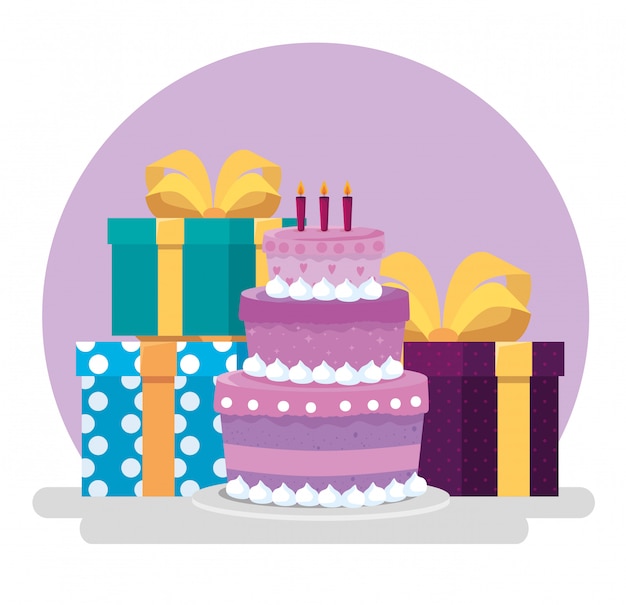 Gratis vector cake met kaarsen en geschenken met lint strikken