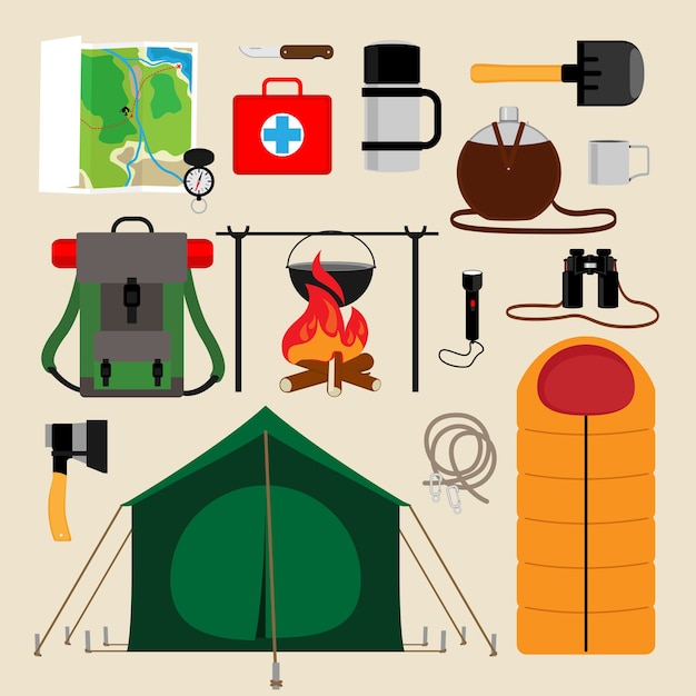 Gratis vector camping uitrusting pictogrammen. voorzieningen voor toerisme, recreatie, survival in het wild. vector illustratie