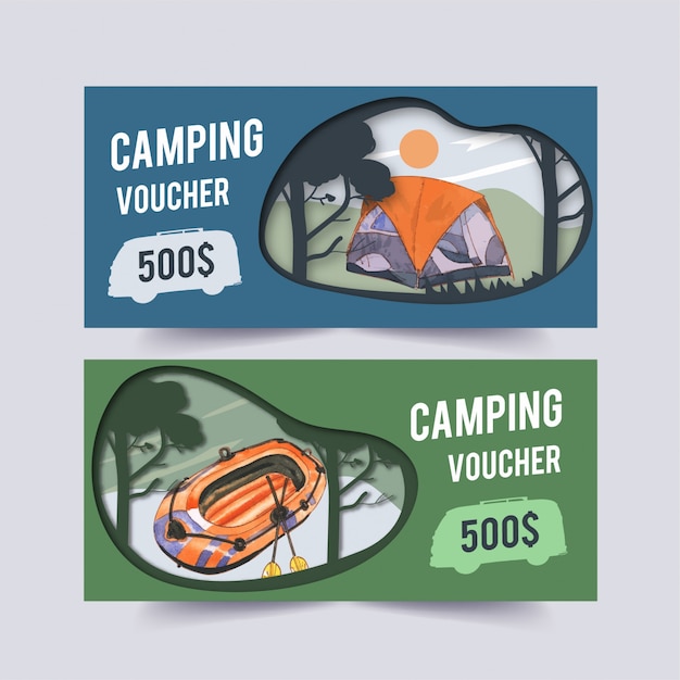 Campingbon met illustraties voor boot, busje, auto, tent en boom.