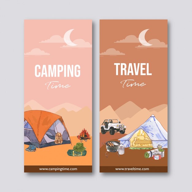 Campingflyer met illustraties van tent, busje, rugzak en ingeblikt voedsel.