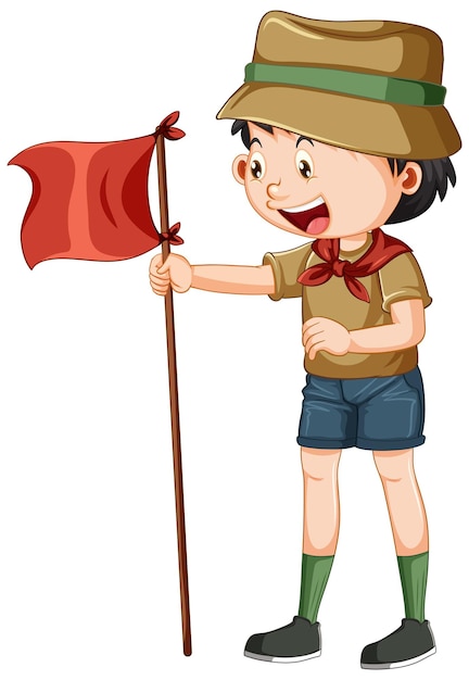 Gratis vector campingjongen met rode vlag op witte achtergrond