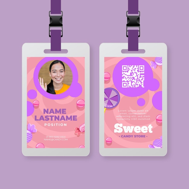 Gratis vector candy id-kaartsjabloon met vrouw