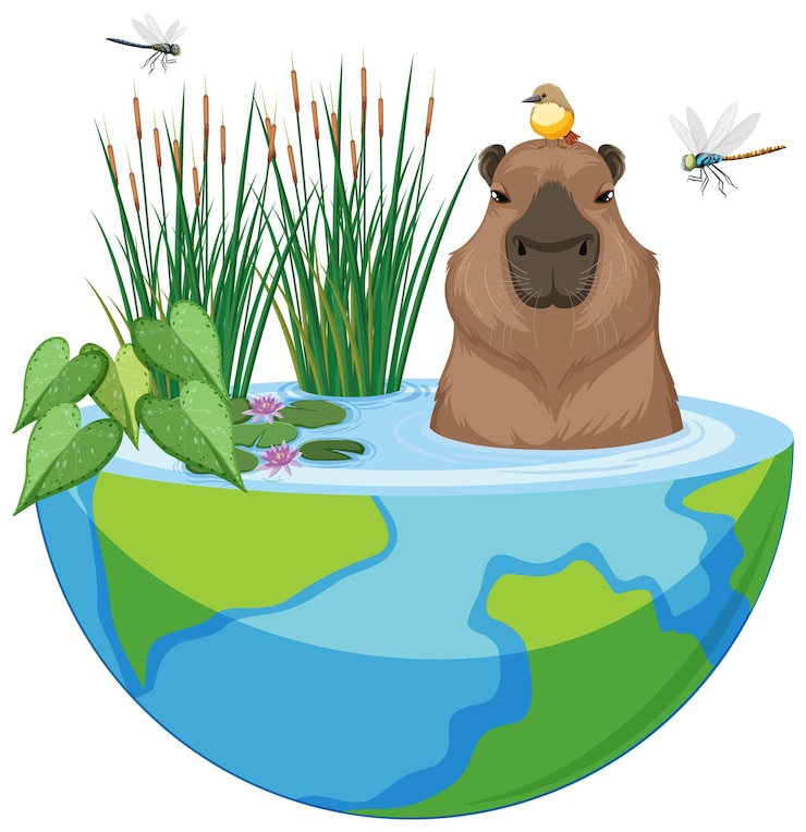 Gratis Vector capibara in natuurvijver op halve aarde
