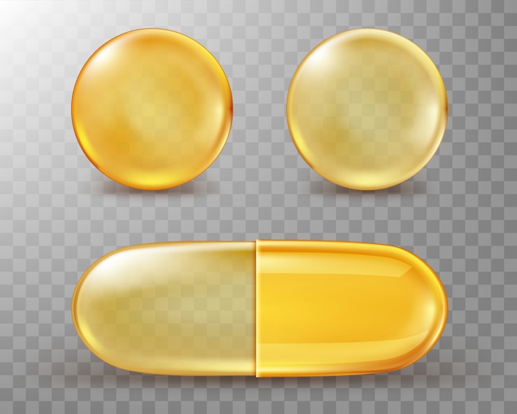Gratis Vector capsules met olie, gouden ronde en ovale pillen.