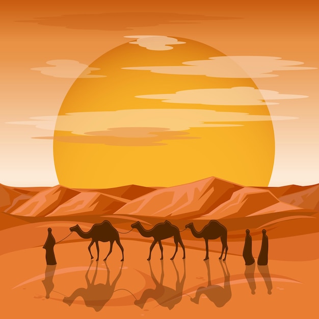 Gratis vector caravan op woestijn achtergrond. arabische mensen en kamelen silhouetten in zand. caravan met kameel, camelcade silhouet reizen naar zand woestijn illustratie