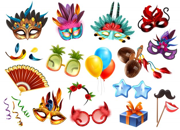 Carnaval-de vieringsattributen van het maskeradefestival toebehoren realistische kleurrijke reeks met stelt de maskers van de maskersglazen vectorillustratie voor