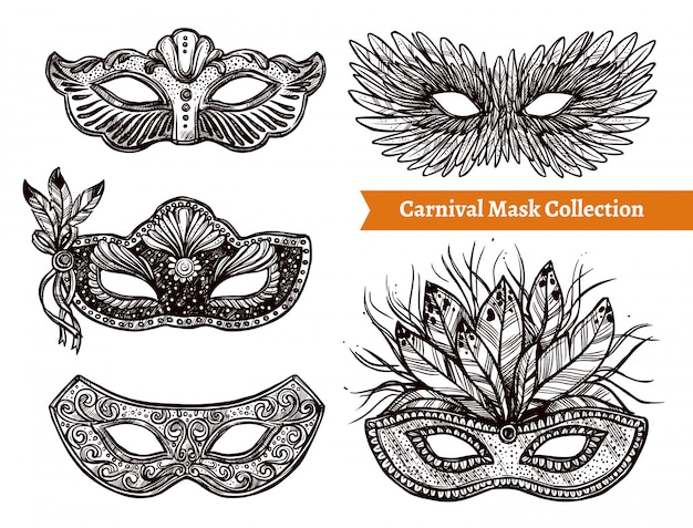 Gratis vector carnaval-masker hand getrokken set