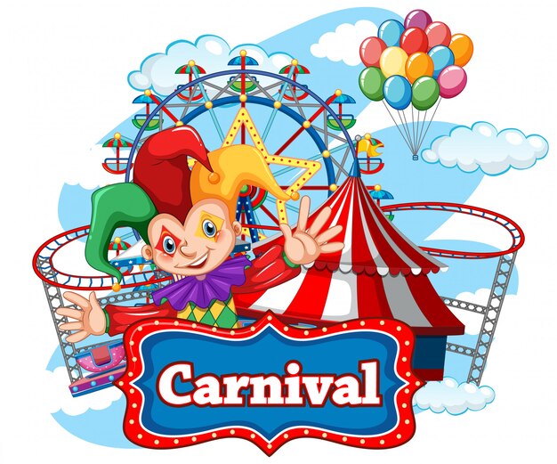 Carnaval-tekensjabloon met gelukkige clown en vele ritten