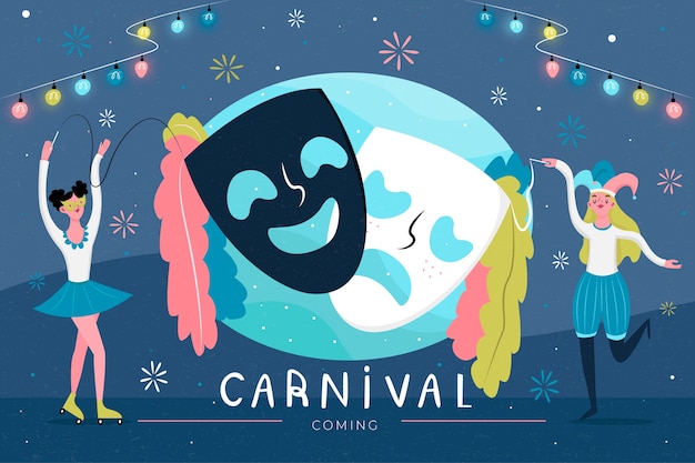 Carnavalfeest met theatermaskers en dansende mensen