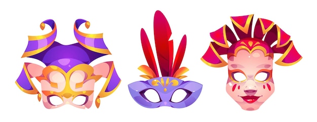 Gratis vector carnavalmaskers voor een maskeradeshow of festival cartoon vector kostuumonderdelen ingesteld voor gezichtscamouflage met veren en ornamenten traditioneel theater of mardi gras feest vermomming element