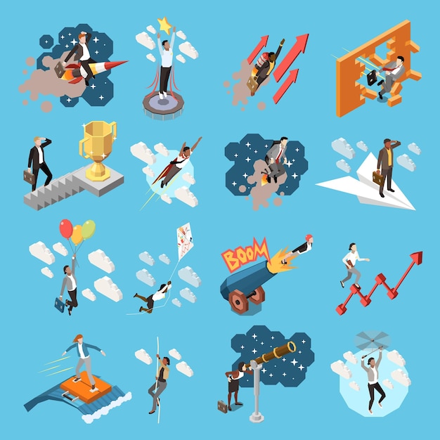 Gratis vector carrière boost isometrische icon set met verschillende abstracte situaties en beschrijvingen raketten pointers ballonnen explosies vector illustratie