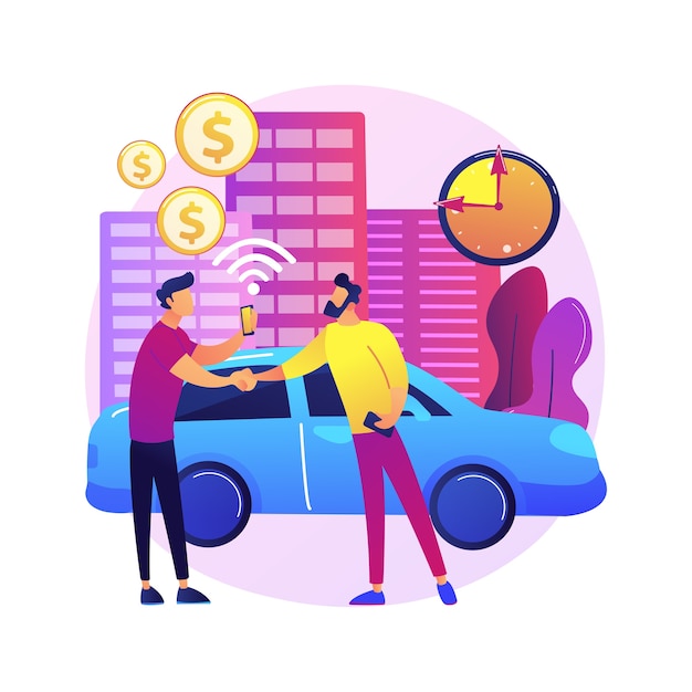 Carsharing service abstract concept illustratie. Huurservice, korte termijn huur, autodeelapplicatie, ritapplicatie, huur een auto peer-to-peer, betaling per uur.