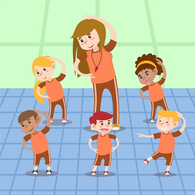 Cartoon afbeelding van kinderen in de klas lichamelijke opvoeding