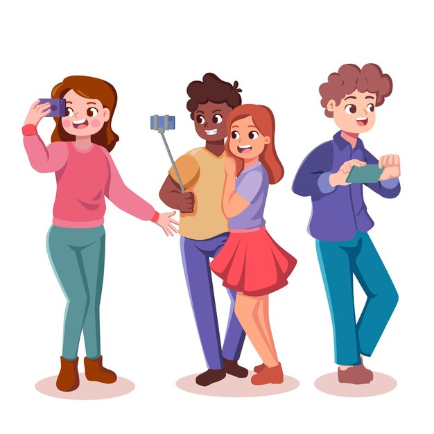 Cartoon afbeelding van mensen die foto's maken met smartphone