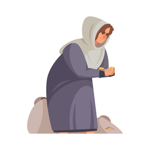 Cartoon arme middeleeuwse vrouw bedelen om geld op haar knieën