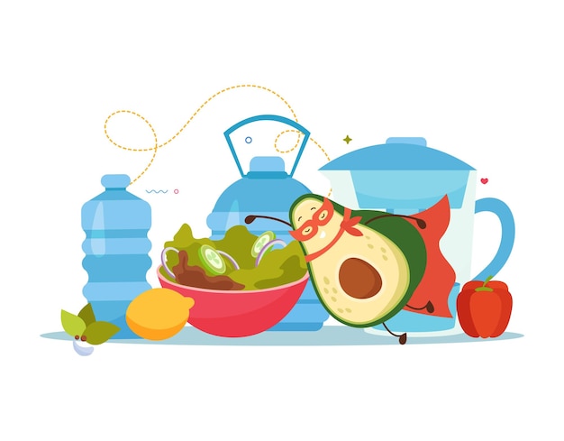 Gratis vector cartoon avocado platte achtergrond compositie met fruitkarakter duiken in schotel met greens met waterflessen vectorillustratie