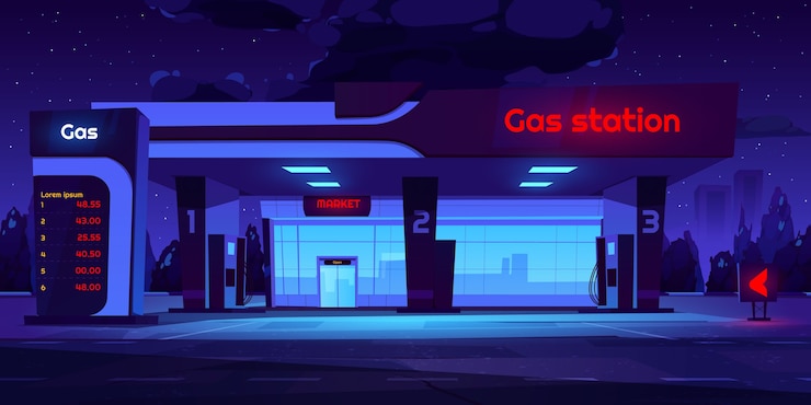 Gratis Vector cartoon benzinestation achtergrond 's nachts