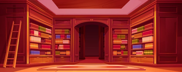 Gratis vector cartoon bibliotheek interieur met boekenplank achtergrond