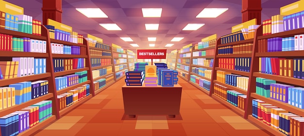 Gratis vector cartoon boekhandel interieur met boeken op planken