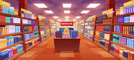 Gratis vector cartoon boekhandel interieur met boeken op planken