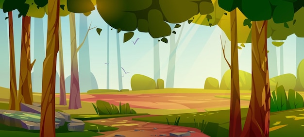 Cartoon bosachtergrond, natuurlandschap met loofbomen, mos op rotsen, gras, struiken en zonlichtvlekken op de grond. Landschap zomer of lente hout parallax natuurlijke scène, vectorillustratie