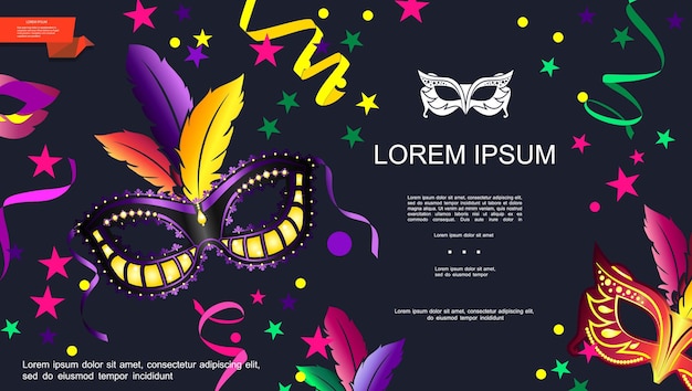 Gratis vector cartoon carnaval feestelijke sjabloon met maskerade maskers kleurrijke linten sterren op donkere achtergrond afbeelding,