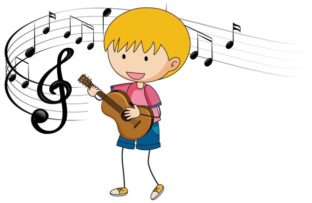 Cartoon doodle een jongen die gitaar speelt met melodiesymbolen