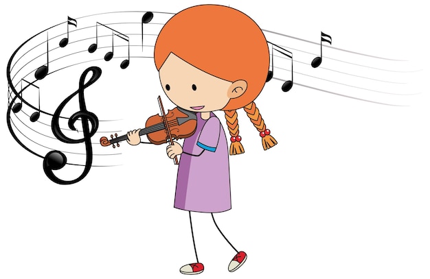 Cartoon doodle een meisje viool spelen met melodie symbolen op witte achtergrond