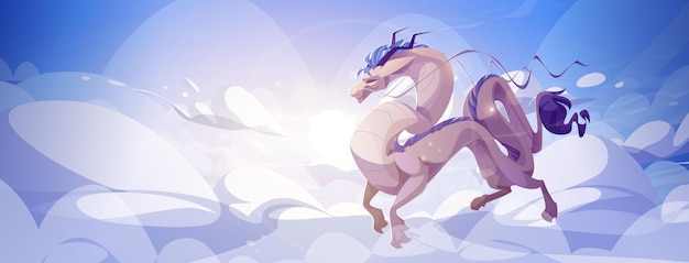 Gratis vector cartoon draak vliegen boven wolken vector illustratie van fantastisch wezen met lange staart blauwe manen en hoorns klauwpoten tegen hemelse cloudscape achtergrond traditionele aziatische mascotte dier