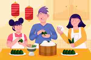 Gratis vector cartoon drakenboot familie voorbereiding en eten zongzi illustratie