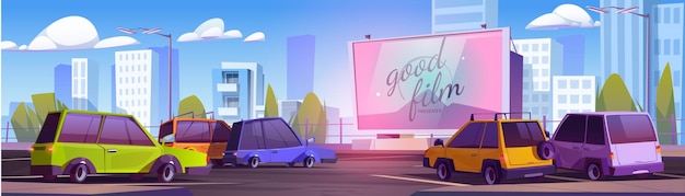 Cartoon drivein bioscoop met veel auto's