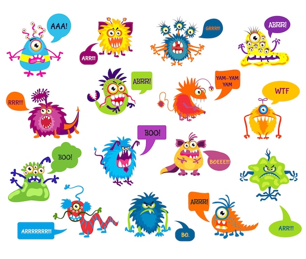 Cartoon dwaze monsters met grappige inscripties illustratie. Monsters die grommen en schreeuwen, karaktermonsters die bang maken