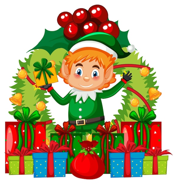 Gratis vector cartoon elf kerstkrans met veel geschenkdozen