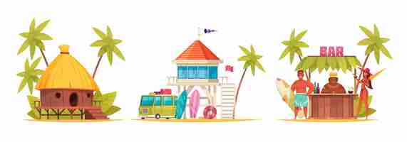 Gratis vector cartoon en gekleurde hawaii set met verschillende bungalow en bar