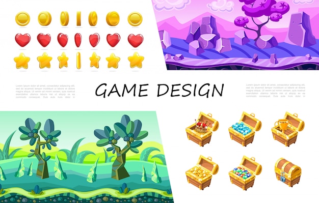 Cartoon game design ui compositie met cirkel hart ster knoppen kroon edelstenen juwelen gouden munten beker in schatkist fantasie natuur landschap