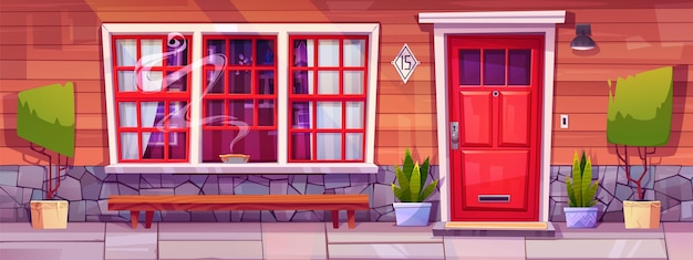 Gratis vector cartoon gevel met rode deur en veranda
