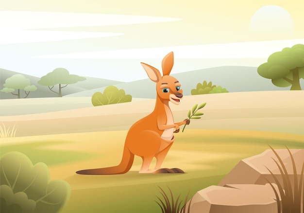 Gratis vector cartoon gewoon landschap met schattige vrolijke kleine kangoeroe met groene takje vectorillustratie