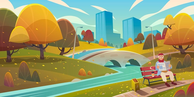 Gratis vector cartoon herfst landschap van stadspark met rivierbrug gevallen bladeren en senior man krant lezen op bankje met koffie vectorillustratie