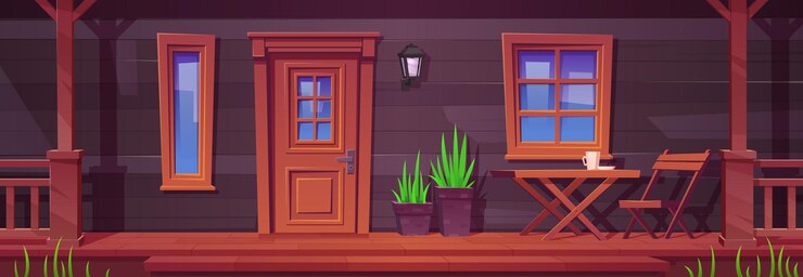 Gratis Vector cartoon huis met tafel en stoel op de veranda