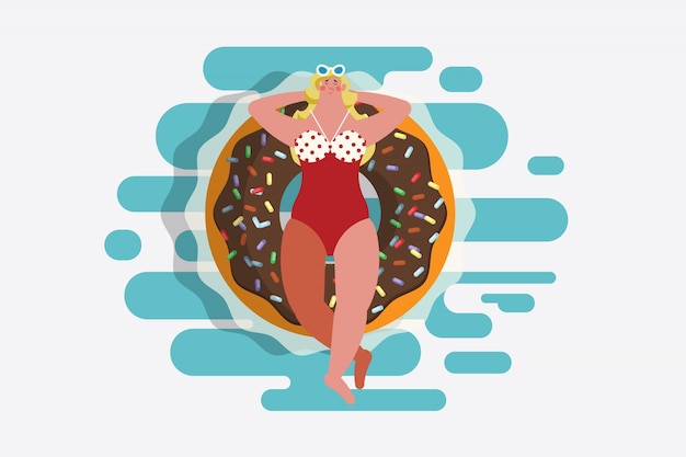 Gratis vector cartoon karakter ontwerp illustratie. bovenaanzicht meisje in zwempak liggend op een donutvormige rubberen ring. drijvend in het zwembad